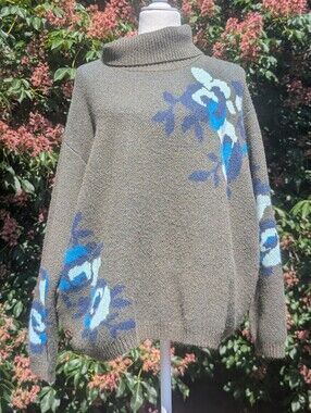 Olive green Floral Turtleneck Sweater with Blue floral & button accents